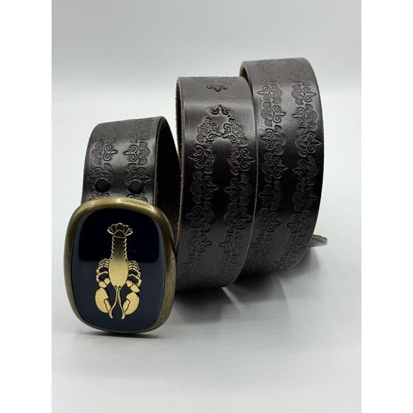 Allison Daniel Designs Brown Tooled Leather Belt Navy Gold Lobster Buckle Sz 38 - Picture 1 of 8